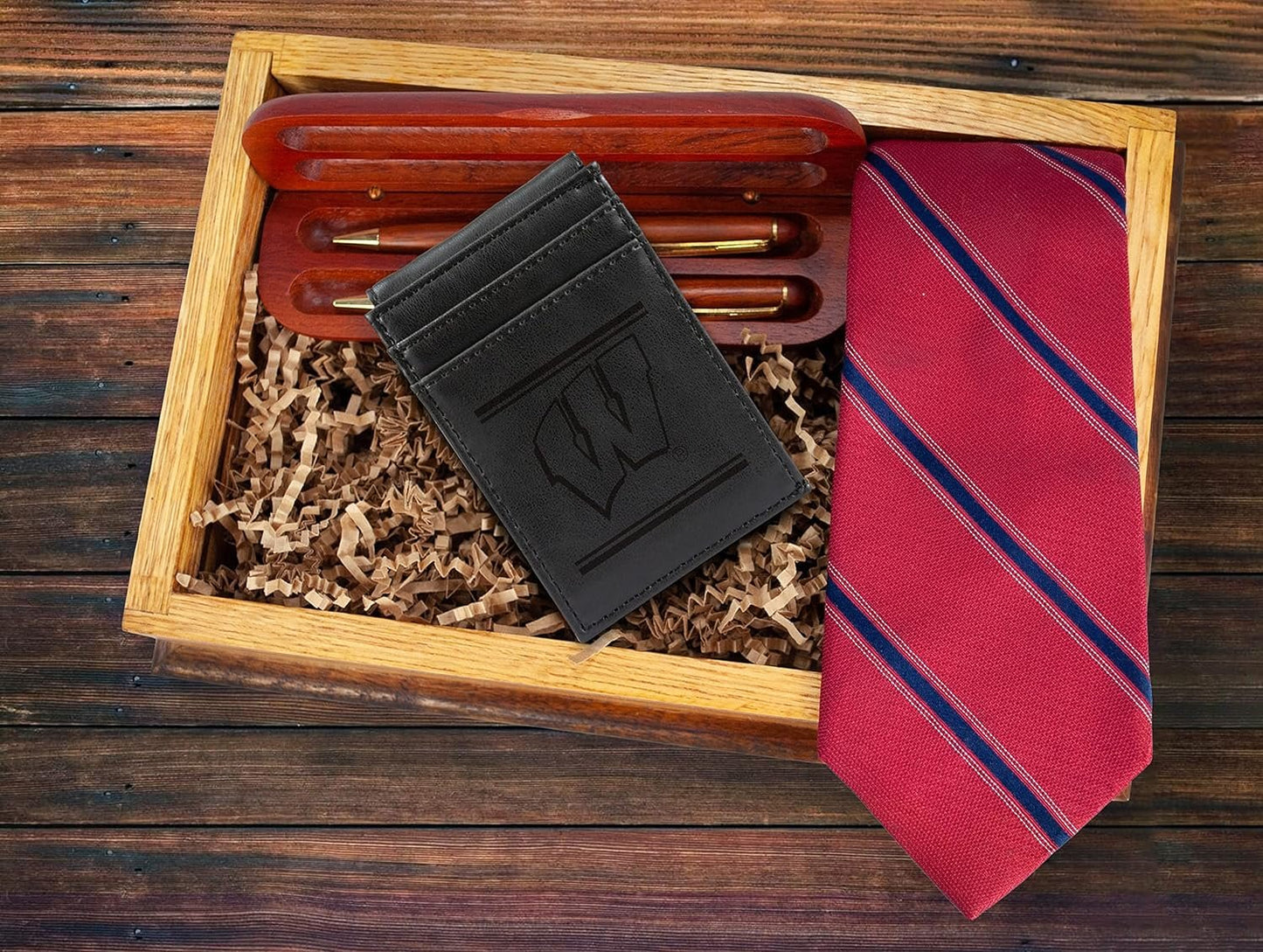 University of Wisconsin Badgers Premium Black Leather Wallet, Front Pocket Magnetic Money Clip, Laser Engraved, Vegan
