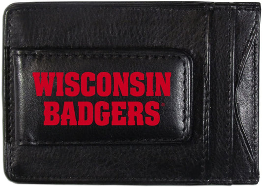 University of Wisconsin Badgers Black Leather Wallet, Front Pocket Magnetic Money Clip, Printed Logo