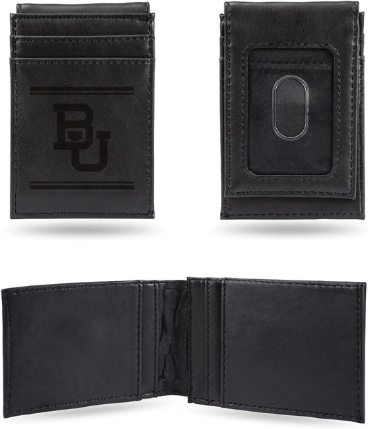 Baylor University Bears Premium Black Leather Wallet, Front Pocket Magnetic Money Clip, Laser Engraved, Vegan