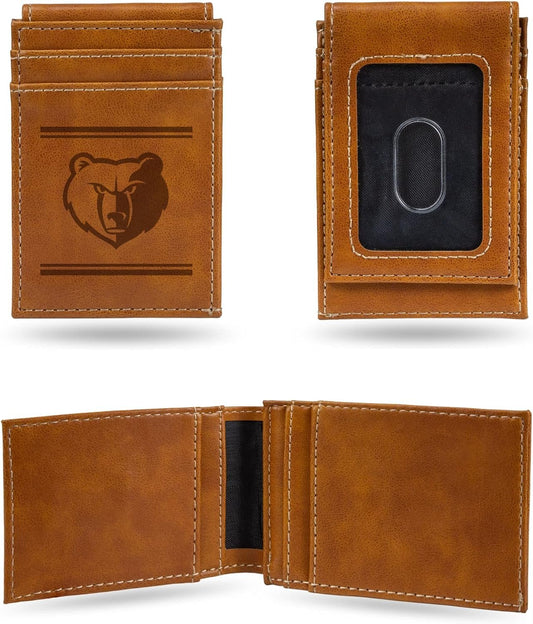 Rico Industries NBA Memphis Grizzlies Premium Laser Engraved Vegan Brown Leather Front Pocket Wallet - Compact and Slim yet Sturdy Design - Perfect to Show Your Team Pride or Gift