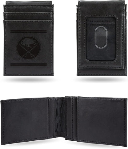 Buffalo Sabres Premium Black Leather Wallet, Front Pocket Magnetic Money Clip, Laser Engraved, Vegan