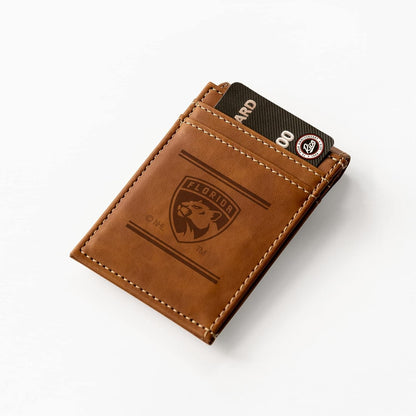 Florida Panthers Premium Brown Leather Wallet, Front Pocket Magnetic Money Clip, Laser Engraved, Vegan