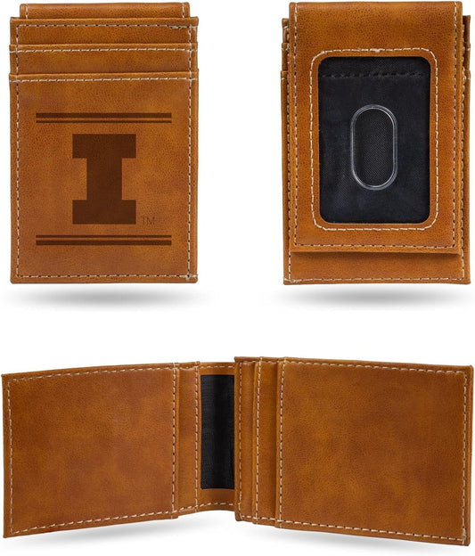 NCAA Illinois Fighting Illini Men’s Front ID Pocket Brown Wallet- Premium 8 Pocket Laser-Engraved Team Logo on Vegan Leather- Minimalist Design, Credit Card Holder- Ideal for Travel or Men’s Gift