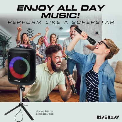 Risebass Portable Karaoke Machine with 2 Wireless Microphones - Bluetooth Rechargeable Speaker with USB/SD/TF Card Support, AUX-in, Tripod Screw Mount and Phone Slot. - Anti Spier 