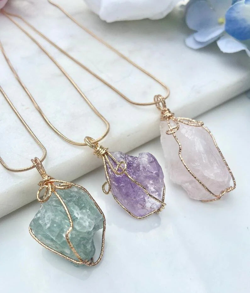 Natural Gemstone Necklace Chakra Stone Pendant Energy Healing Crystal with Chain - Anti Spier 