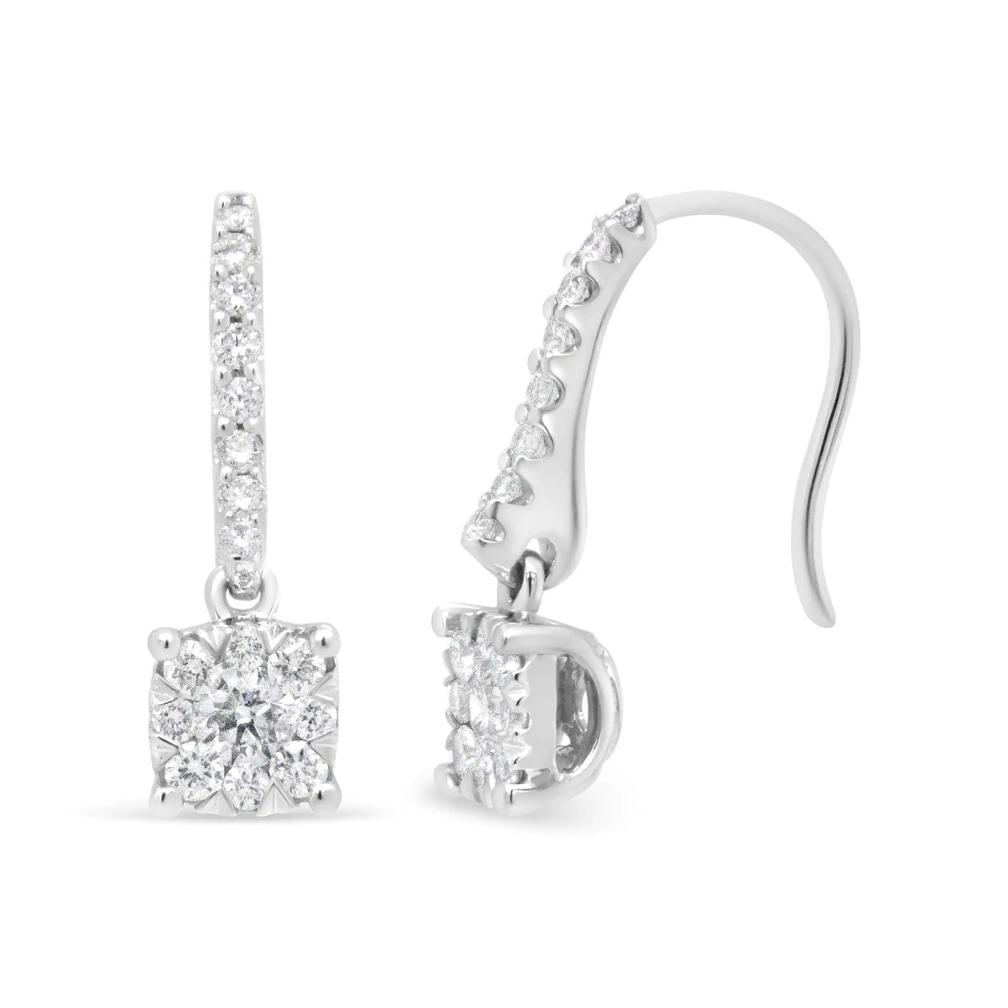 14K White 1/2 Cttw Round Diamond Halo Dangle Hook Earring - (H-I Color, SI2-I1 Clarity) - Anti Spier 