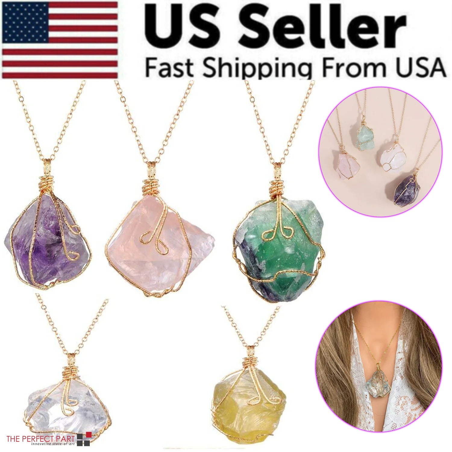 Natural Gemstone Necklace Chakra Stone Pendant Energy Healing Crystal with Chain - Anti Spier 