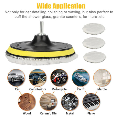 5PCS 6" Buffing Polishing Pad Wool Wheel Mop Kit For Car Polisher Drill Adapter