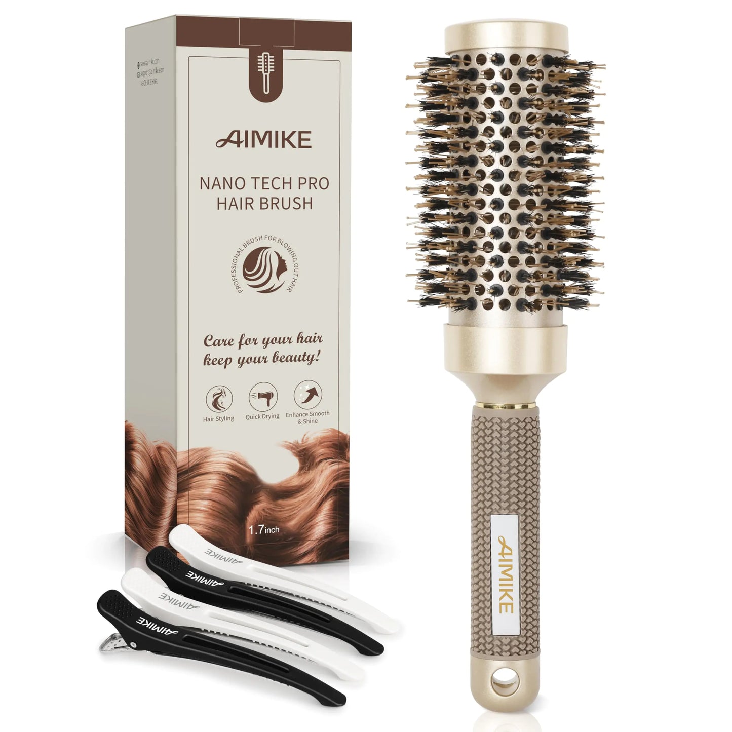 AIMIKE Round Brush, Nano Thermal Ceramic & Ionic Tech Hair Brush, Round Barrel Brush with Boar Bristles for Blow Drying, Styling, Curling, Add Volume & Shine (2.9 inch, Barrel 1.7 inch) + 4 Clips 43mm-1.7 Inch (2.9 Inch with Bristles)