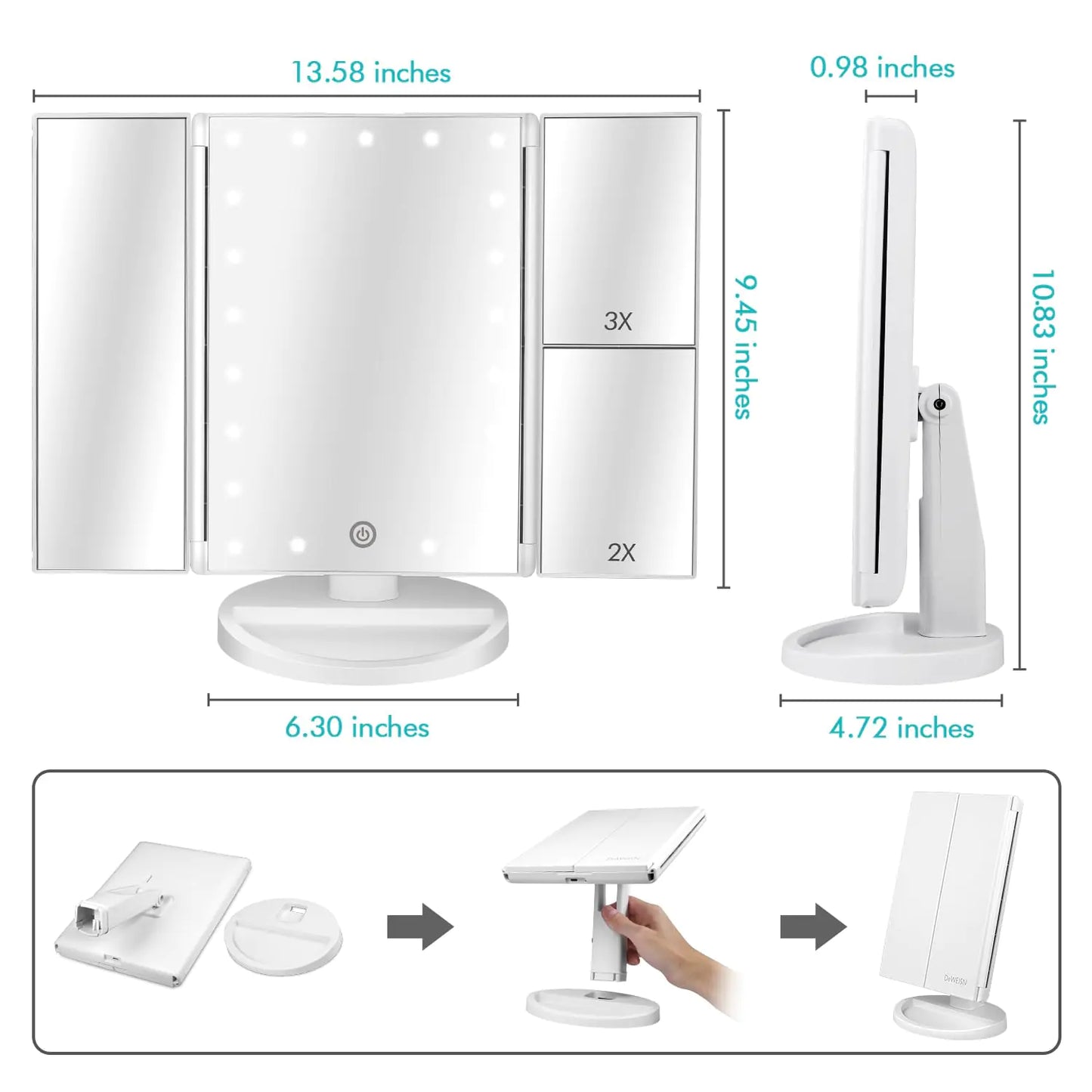 Floor Mount Tri-Fold Lighted Vanity Mirror with 21 LED Lights, Touch Screen and 3X/2X/1X Magnification, Two Power Supply Modes Make Up Mirror,Travel Mirror White