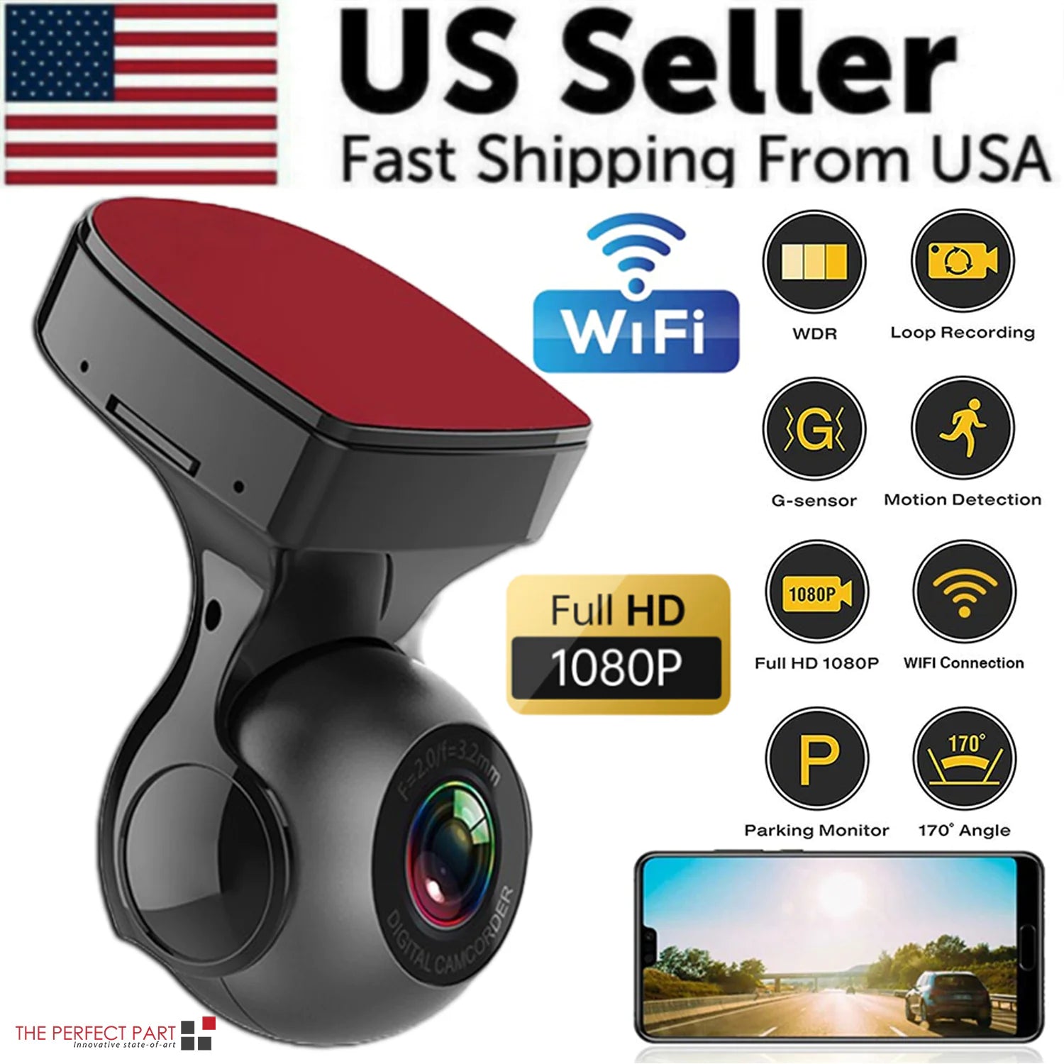 170° WiFi Dash Cam Recorder Car Camera HD 1080P Car DVR Vehicle Video G-Sensor - Anti Spier 