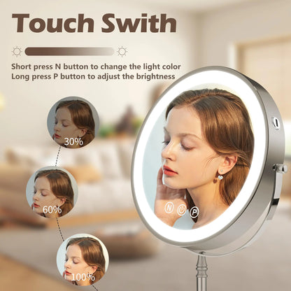 9" Large Makeup Mirror with Lights, 1X/10X Magnifying Vanity Mirror with 3 Colors Dimmable Lightning, 80 LED Lights, 360°Rotation Double Sided Standing Lighted Makeup Mirror Nickel Matte Nickel