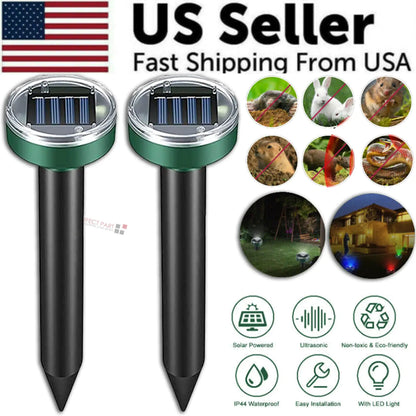 Solar Power Animal Repeller Ultrasonic Mole Pest Cat Mice Rodent Outdoor LED 2PK