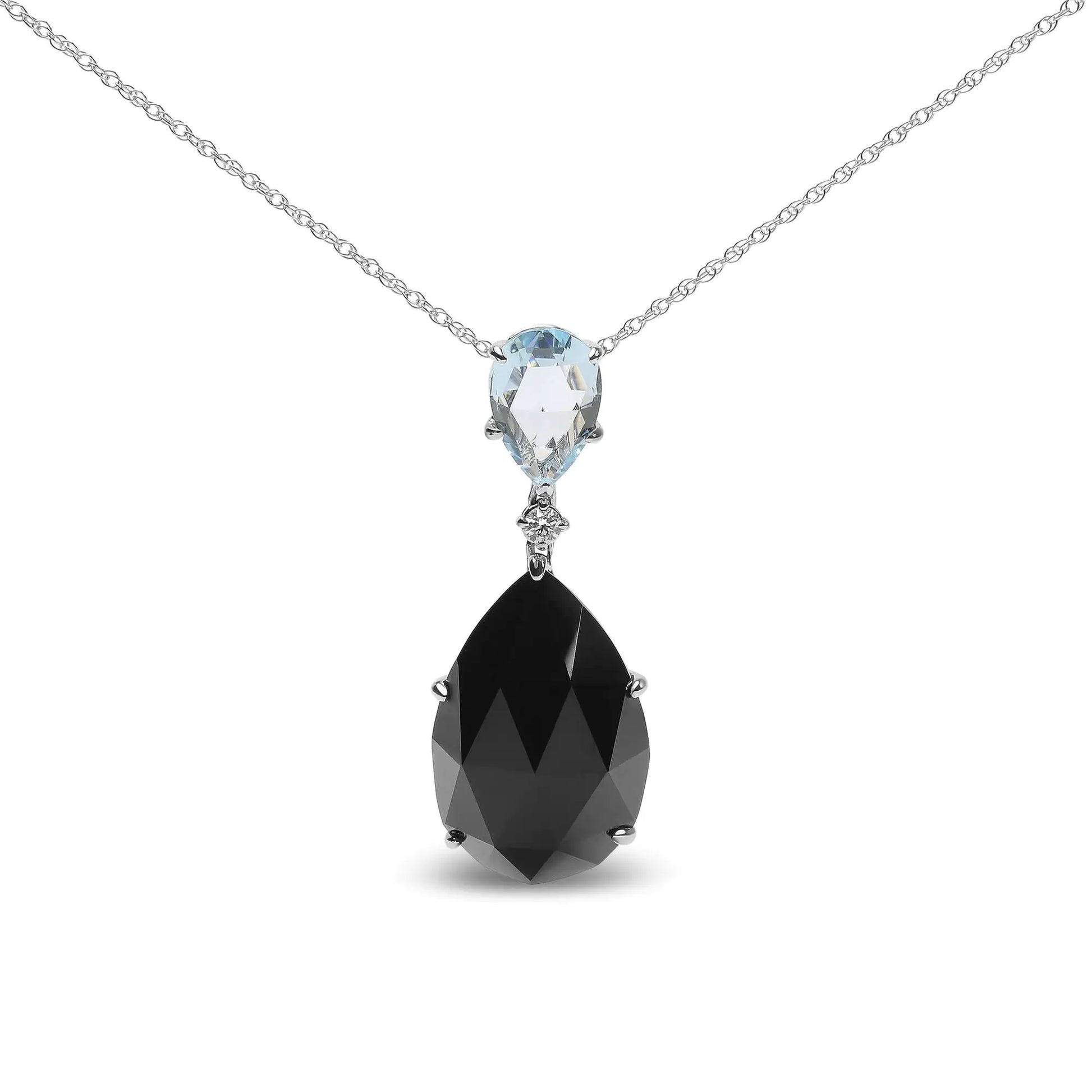 18K White Gold Diamond Accent and Pear Cut Sky Blue Topaz and Pear Cut Black Onyx Dangle Drop 18" Pendant Necklace (G-H Color, SI1-SI2 Clarity) - Anti Spier 