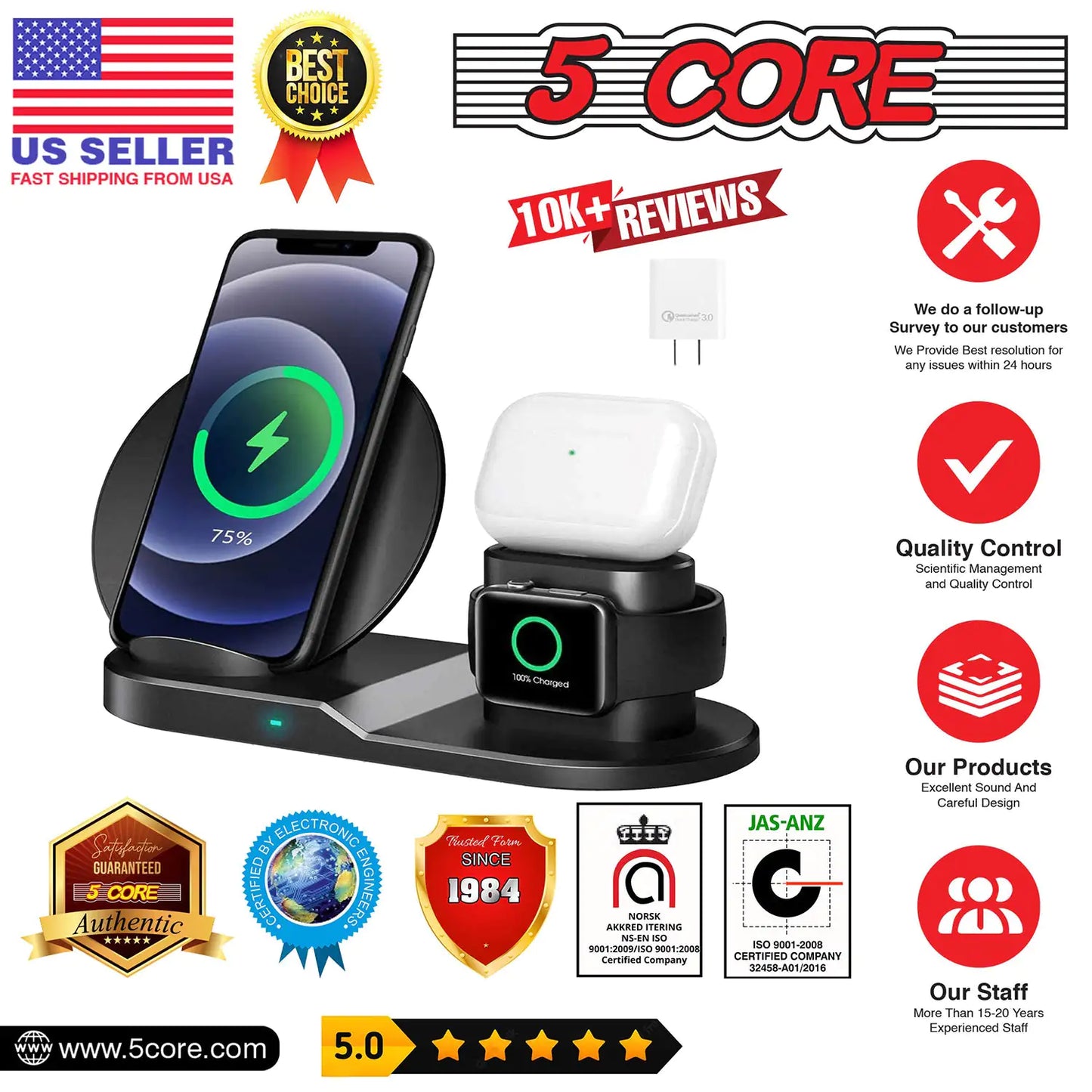 5 Core Wireless Charging Station  10W 3 in 1 Fast Phone Watch Earpod Wireless Charging Stand