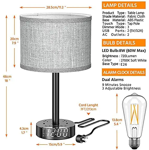 Bedside Table Lamp Alarm Clock Charging - 3 Brightness Level