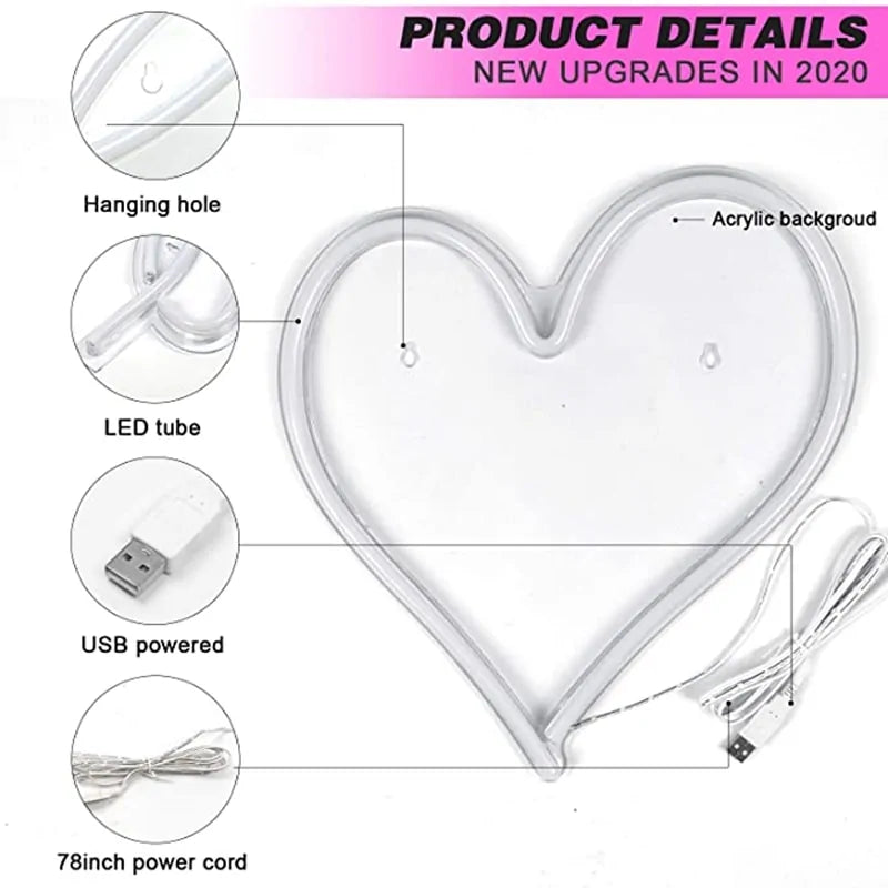 Big Heart Shape Neon Sign Wall Hanging Light - 38cm, USB Powered