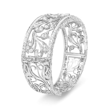 18K White Gold 3 1/4 Cttw Pave Diamond Openwork Floral Filigree Swirl Bangle Cuff Bracelet (H-I Color, VS2-SI1 Clarity) - Anti Spier 