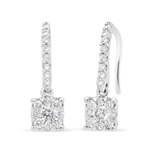 14K White 1/2 Cttw Round Diamond Halo Dangle Hook Earring - (H-I Color, SI2-I1 Clarity) - Anti Spier 