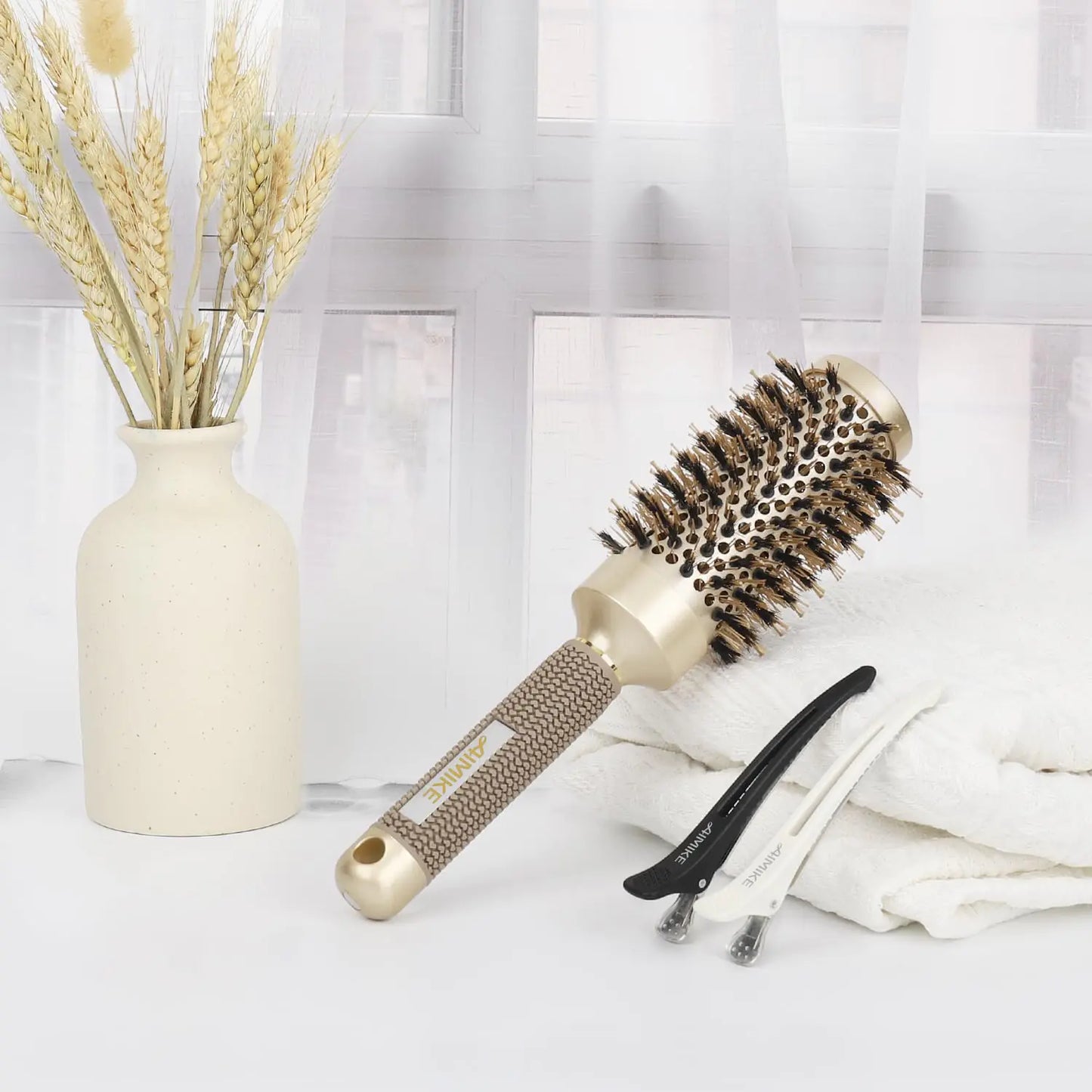 AIMIKE Round Brush, Nano Thermal Ceramic & Ionic Tech Hair Brush, Round Barrel Brush with Boar Bristles for Blow Drying, Styling, Curling, Add Volume & Shine (2.9 inch, Barrel 1.7 inch) + 4 Clips 43mm-1.7 Inch (2.9 Inch with Bristles)