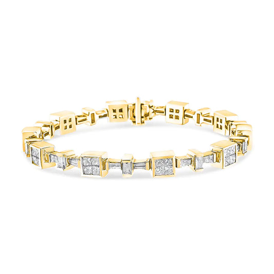 14K Yellow Gold 6 3/4 Cttw Princess and Baguette-Cut Diamond Tennis Bracelet (H-I Color, VS2-SI1 Clarity) - Size 7 - Anti Spier 