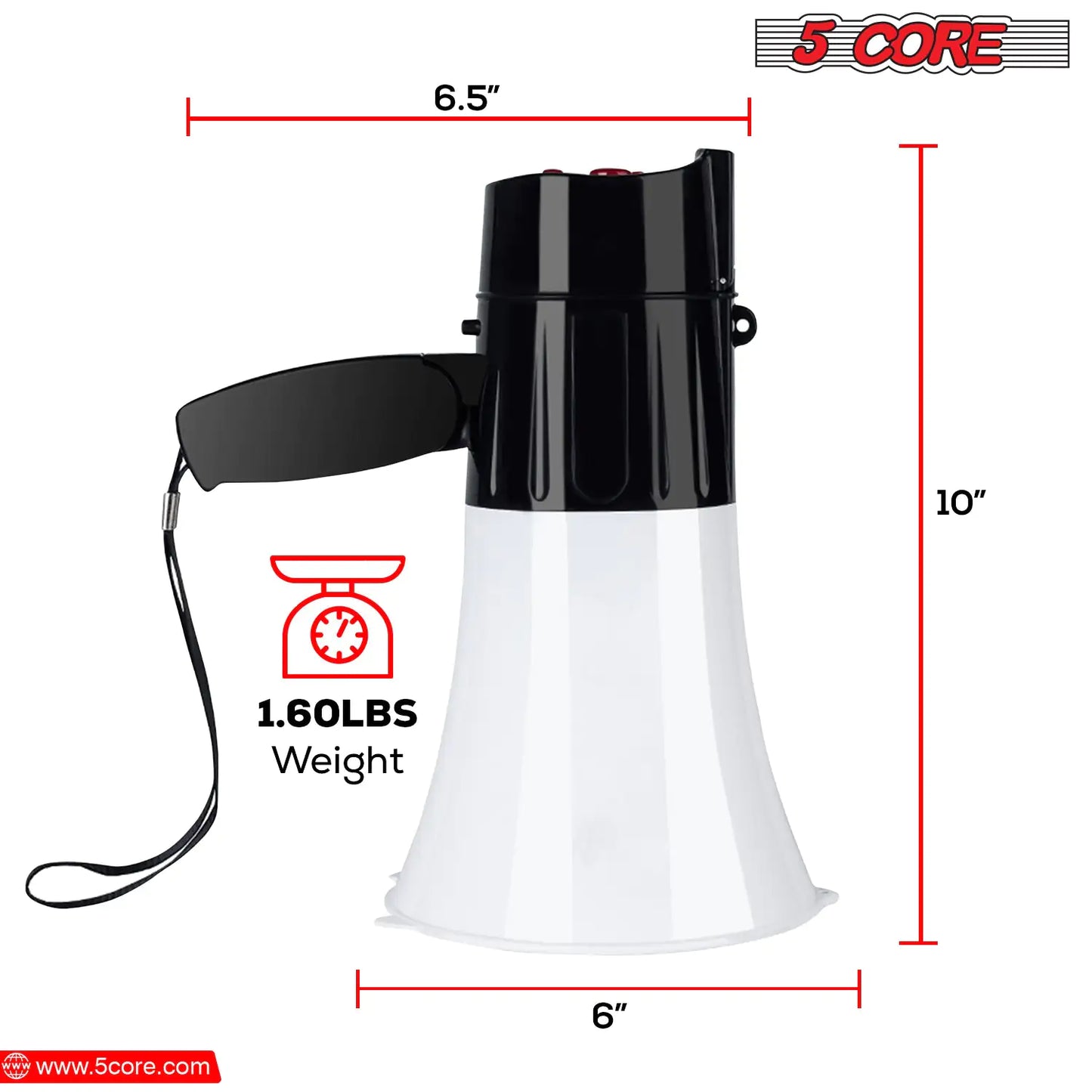 5Core Megaphone Bullhorn Speaker 30W LED Bull Horn Battery Power Cheer Megafono 800 Yard