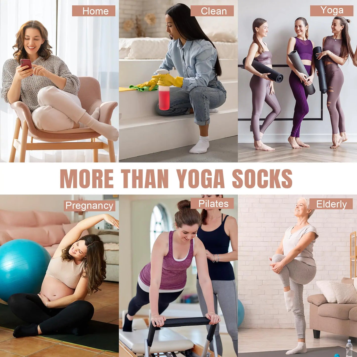 Toes Home Pilates Socks for Women with Non Slip Grippers, Yoga Crew Socks for Barre Hospital Sticky Slipper Socks 4 Pairs 6-10 Tan