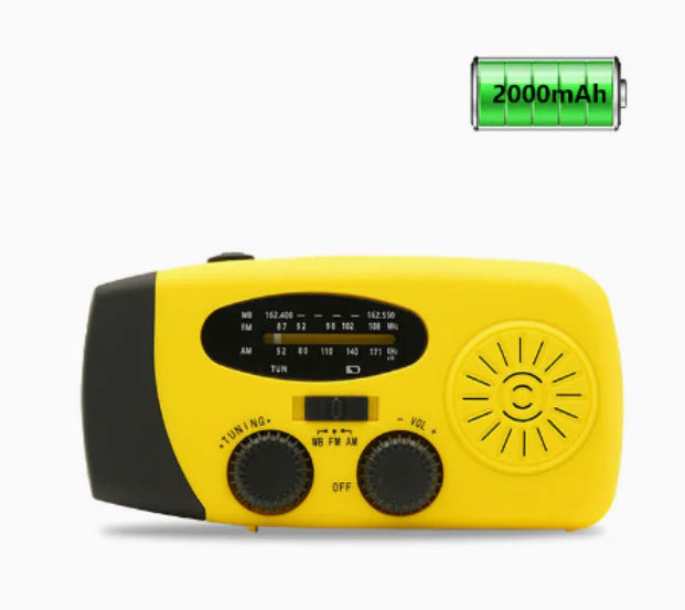 Emergency radio with powerful flashlight and 2000mAh battery in yellow.