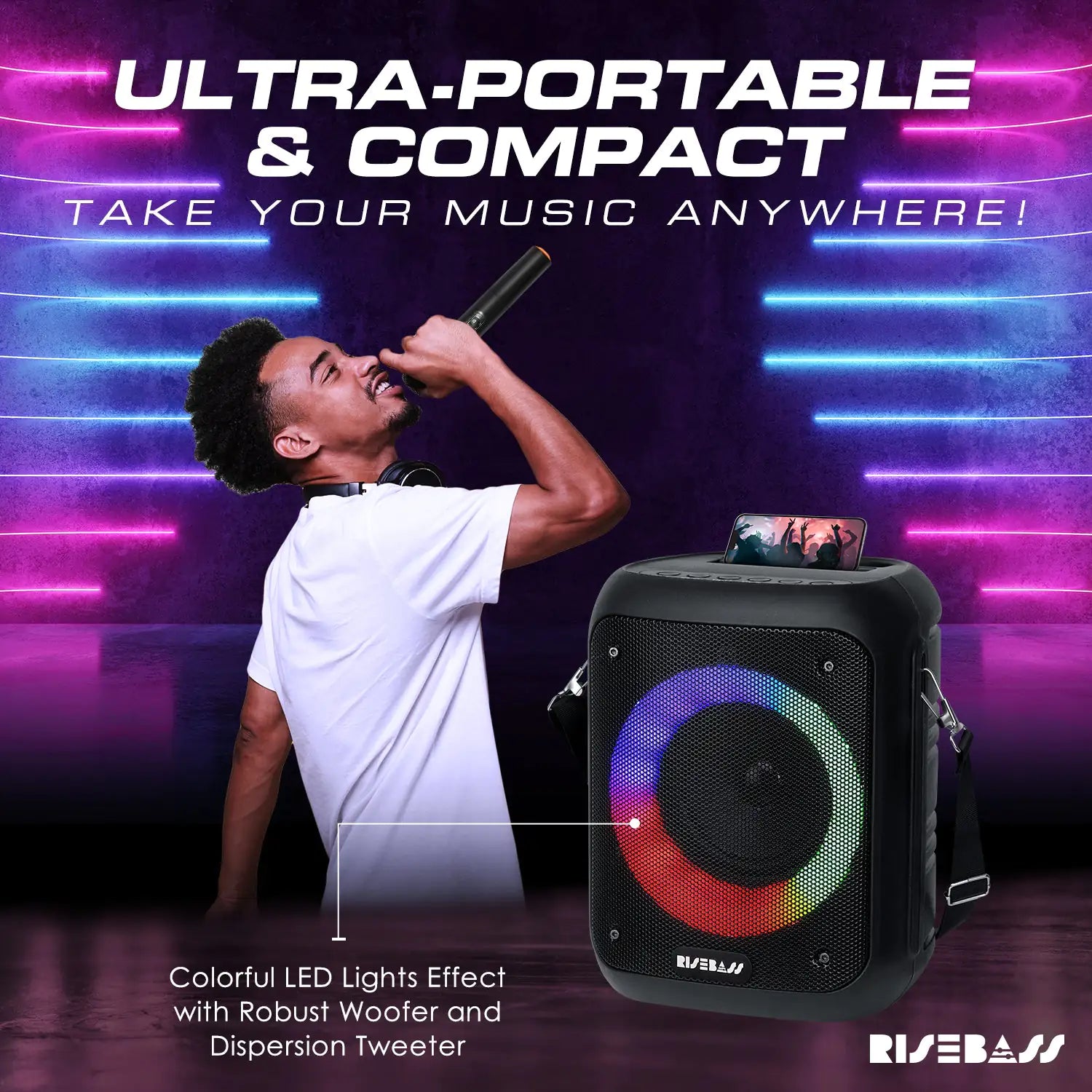 Risebass Portable Karaoke Machine with 2 Wireless Microphones - Bluetooth Rechargeable Speaker with USB/SD/TF Card Support, AUX-in, Tripod Screw Mount and Phone Slot. - Anti Spier 