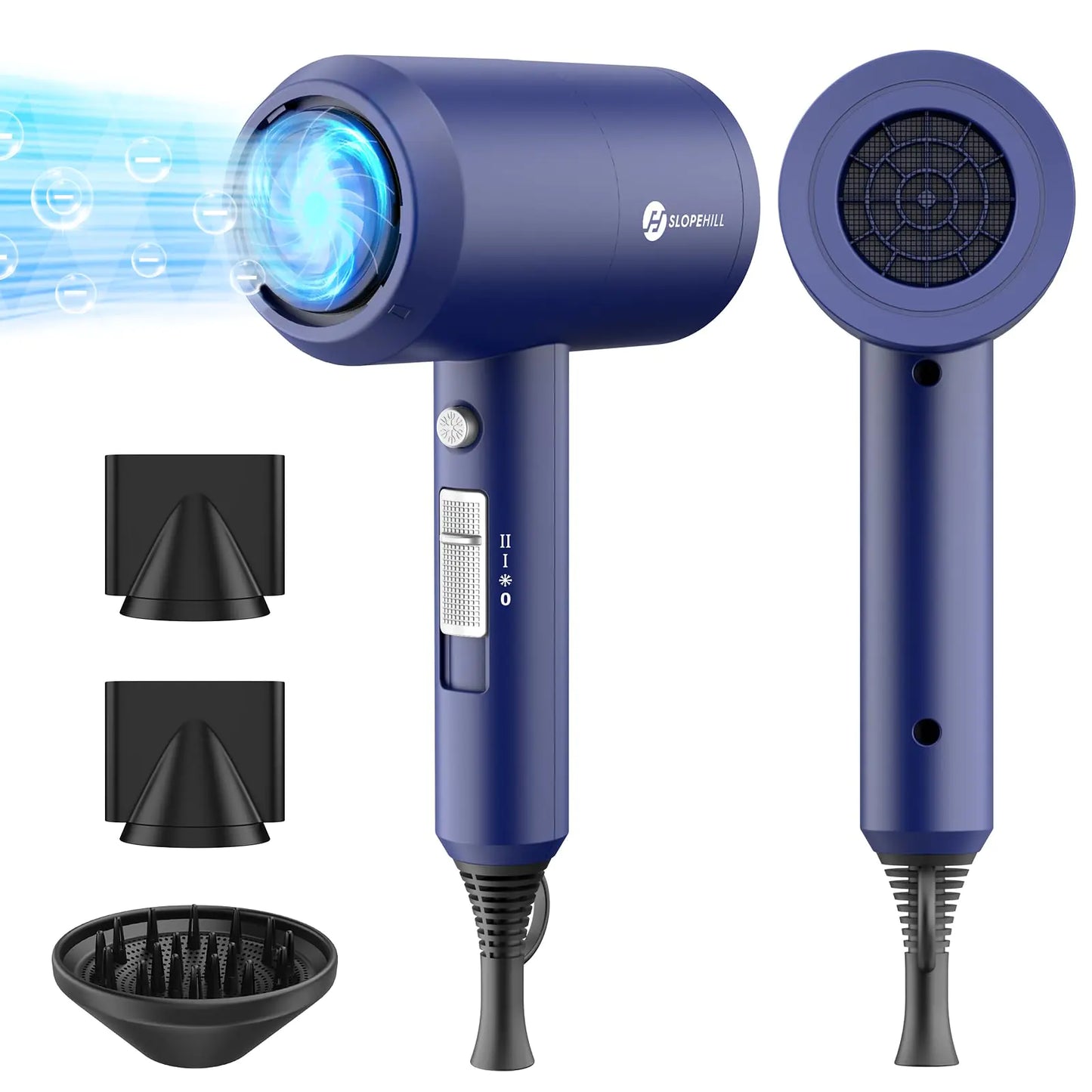 Slopehill Professional Ionic Hair Dryer, Powerful 1800W Fast Drying Low Noise Blow Dryer with 2 Concentrator Nozzle 1 Diffuser Attachments for Home Salon Travel (Prussian Blue) Prussian Blue