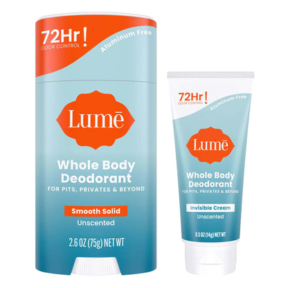 Lume Whole Body Deodorant - Invisible Cream Tube Mini and Solid Stick - 72 Hour Odor Control - Aluminum Free, Baking Soda Free, Skin Safe - 0.5 Oz Mini Tube + 2.6 Oz Solid Stick (Unscented) Unscented