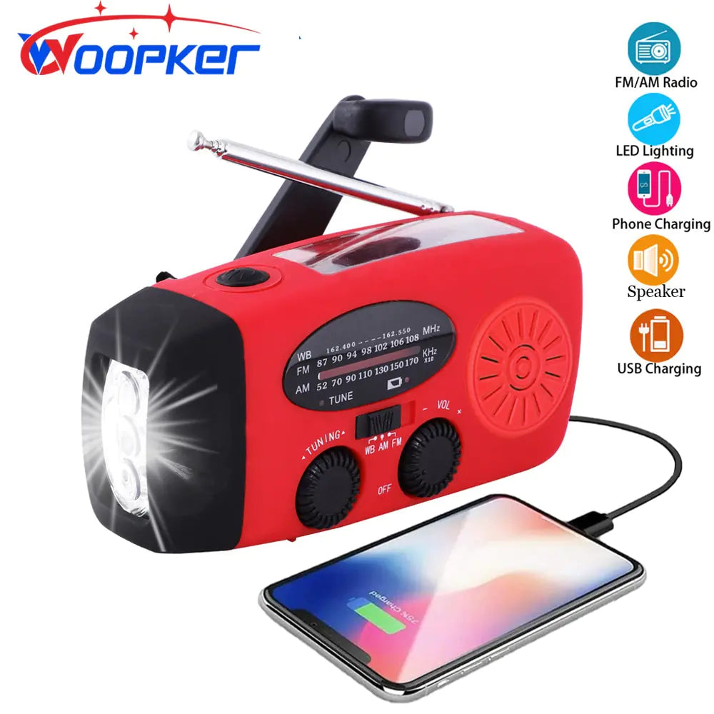 Versatile emergency radio with powerful flashlight, multifunctional device for emergencies, includes radio, flashlight, and phone charging, compact and portable design.