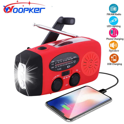 Versatile emergency radio with powerful flashlight, multifunctional device for emergencies, includes radio, flashlight, and phone charging, compact and portable design.