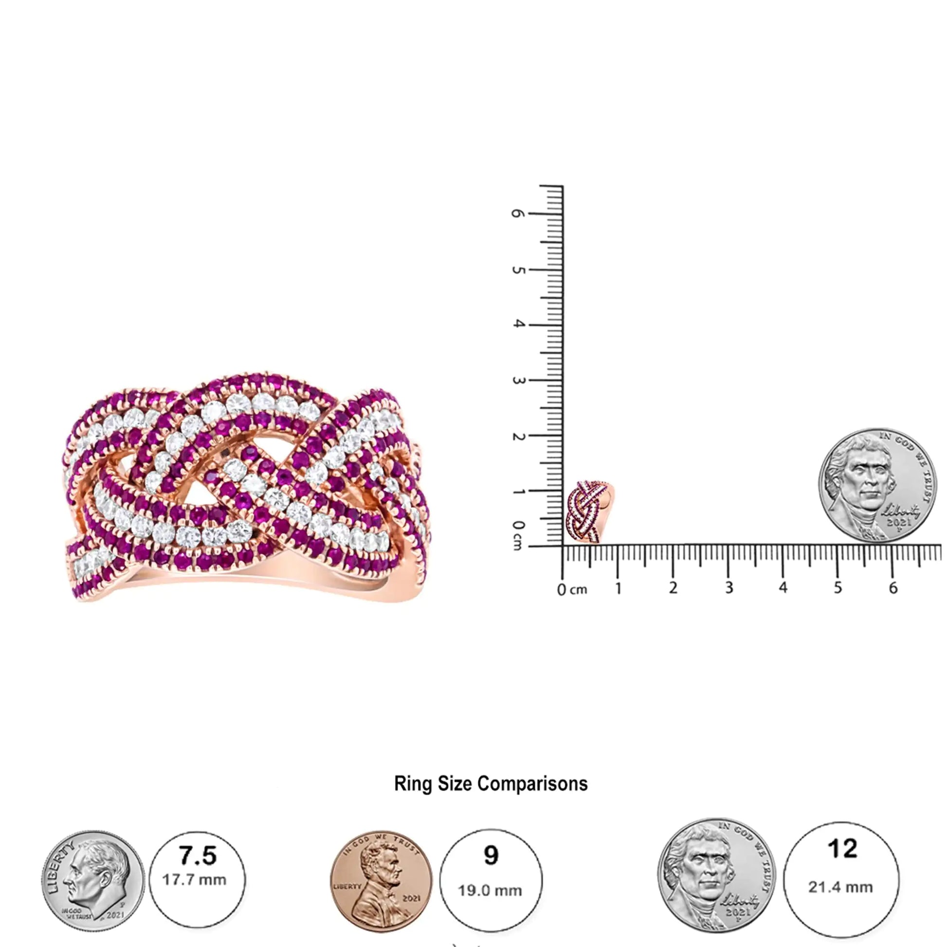 18K Rose Gold Red Ruby and 7/8 Cttw Diamond Woven Braided Band Ring (F-G Color, VS1-VS2 Clarity) - Anti Spier 