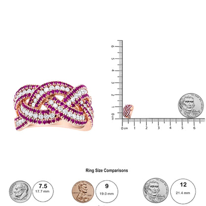 18K Rose Gold Red Ruby and 7/8 Cttw Diamond Woven Braided Band Ring (F-G Color, VS1-VS2 Clarity) - Anti Spier 