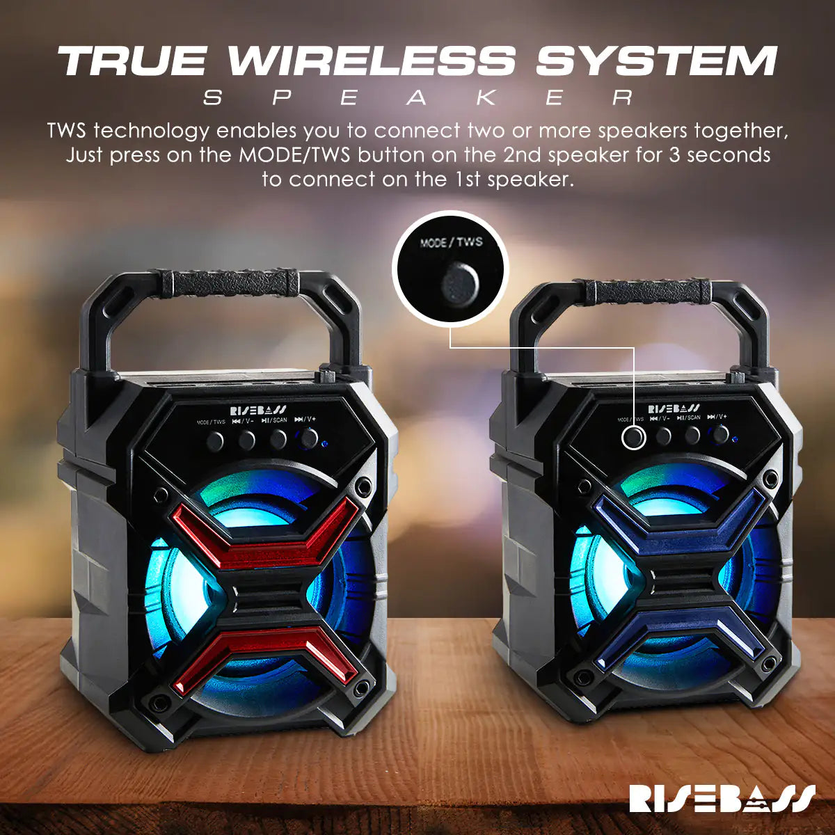 Portable Wireless Bluetooth Speaker with TWS Function - Rechargeable Bluetooth Speaker - LES flashing Lights - Anti Spier 