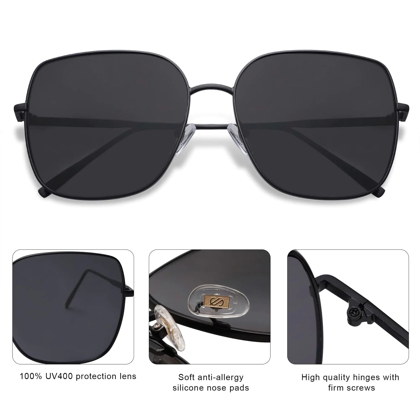 SOJOS Trendy Oversized Square Metal Frame Sunglasses for Women Men Flat Mirrored Lens UV Protection Sunglasses SJ1146 Black/Grey