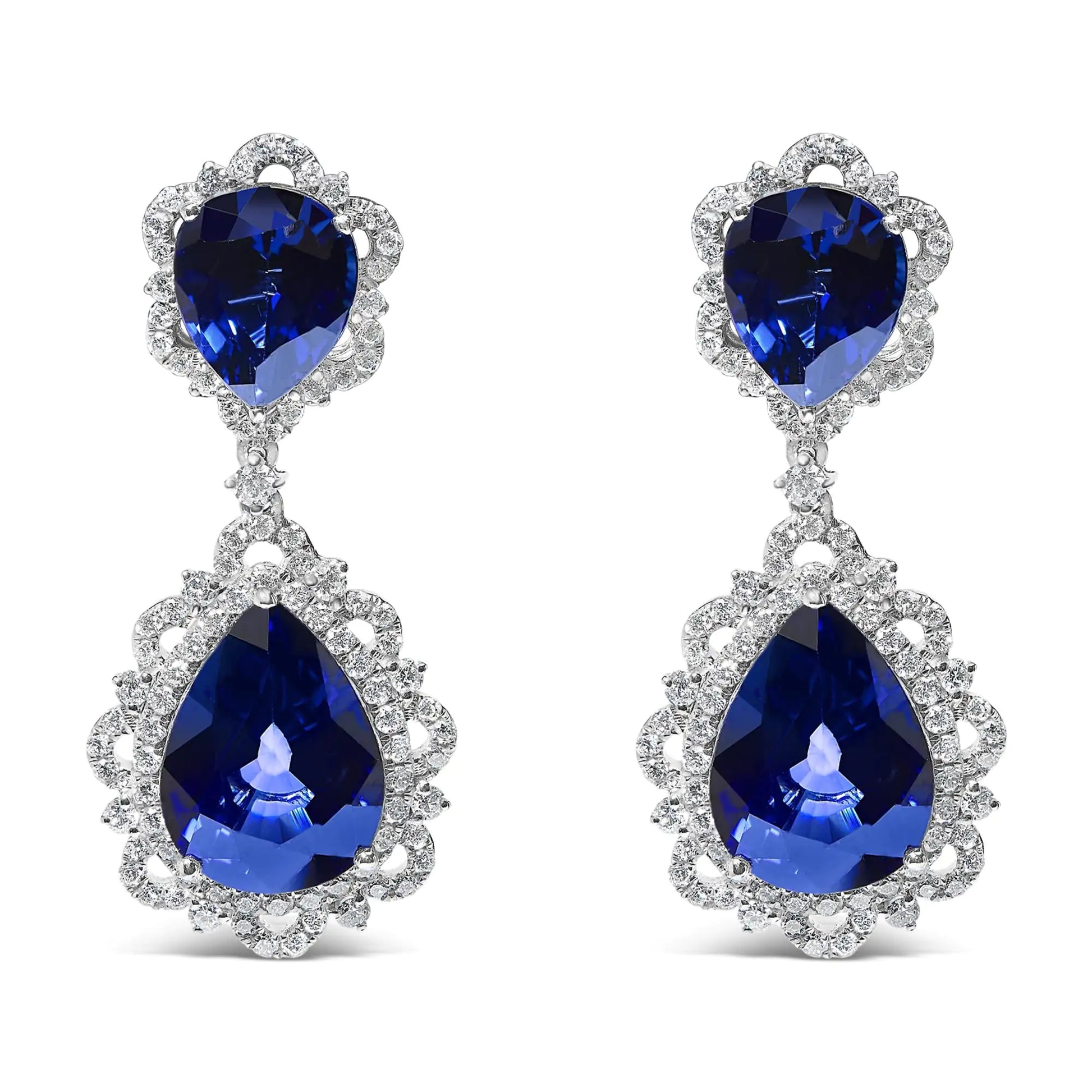 18K White Gold Blue Sapphire and Diamond 2.00 Cttw Diamond Halo Drop and Dangle Earring (G-H Color, SI1-SI2 Clarity) - Anti Spier 