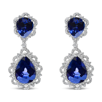 18K White Gold Blue Sapphire and Diamond 2.00 Cttw Diamond Halo Drop and Dangle Earring (G-H Color, SI1-SI2 Clarity) - Anti Spier 