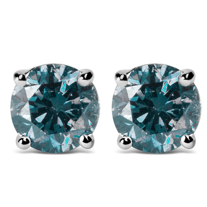 14K Gold Round Brilliant Cut Lab Grown Blue Diamond 4-Prong Classic Solitaire Stud Earrings with Pushbacks - Anti Spier 