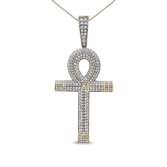 10K Yellow Gold 1 7/8 Cttw Round Diamond Ankh Cross Pendant Necklace for Men (H-I Color, SI1-SI2 Clarity) - NO CHAIN INCLUDED - Anti Spier 