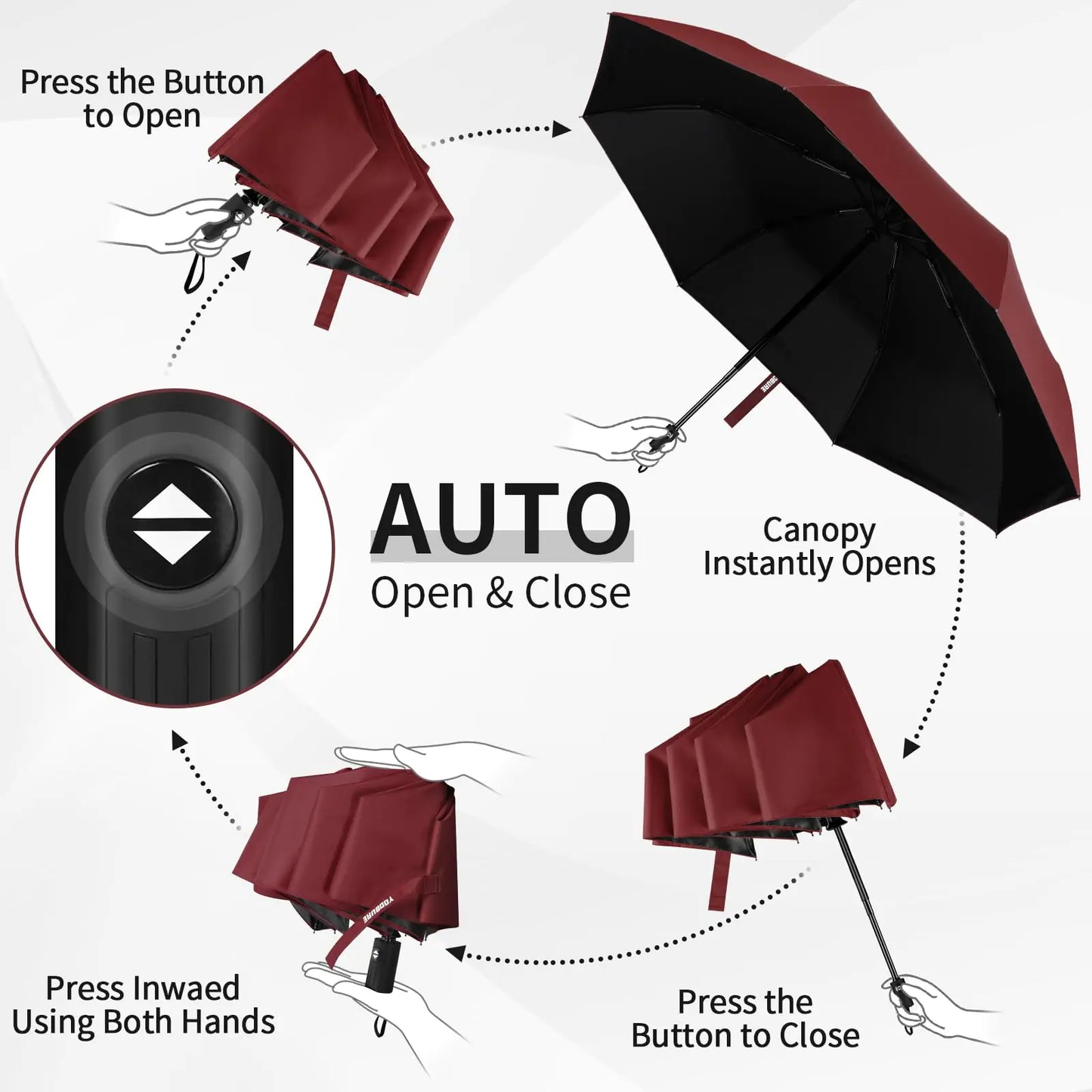 Yoobure Windproof Travel Umbrella, Automatic Umbrellas for Rain, Portable & Compact Umbrella for Backpack, Sun Umbrella for Walking, Folding Small Umbrella for Car, Lightweight Strong UV Protection Auto-Burgundy Red