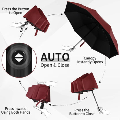 Yoobure Windproof Travel Umbrella, Automatic Umbrellas for Rain, Portable & Compact Umbrella for Backpack, Sun Umbrella for Walking, Folding Small Umbrella for Car, Lightweight Strong UV Protection Auto-Burgundy Red