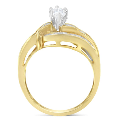 14KT Two-Toned Gold Marquise, Baguette and Round Cut Diamond Bypass Ring (1 cttw, H-I Color, SI1-SI2 Clarity) () - Anti Spier 