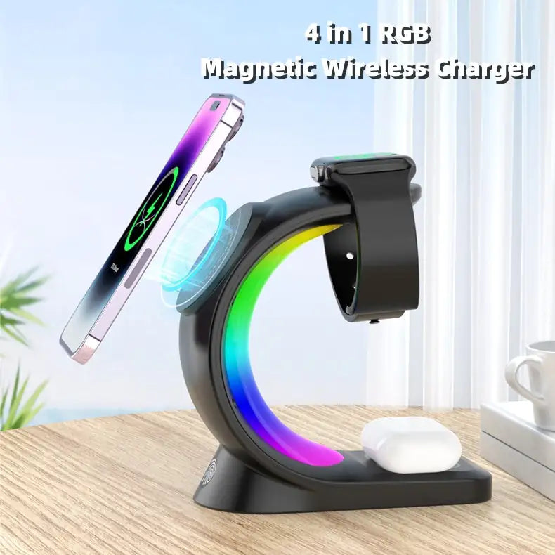 1 Magnetic Wireless Charger Fast ChargingAnti Spier Anti Spier4 In 1 Magnetic Wireless Charger Fast Charging For Smart Phone AtmosphOverview:

Magnetic charging Fast does not hurt the machine
Three in one Make your desktop cleaner
Touch design Convenient and fast
Dream RGB lamp effect Dye yo