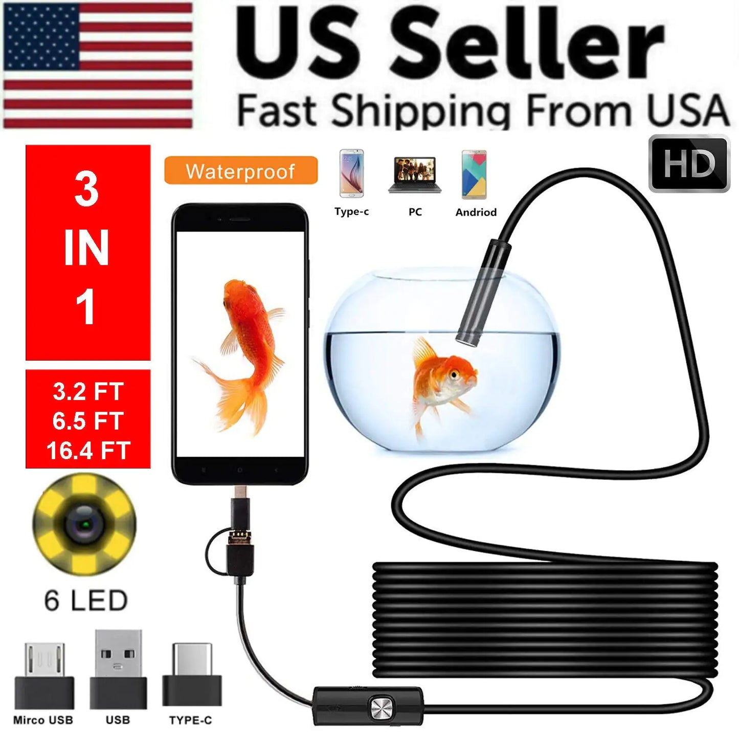 5M 6LEDs Snake Endoscope Borescope 8mm Inspection USB Camera Scope For Android