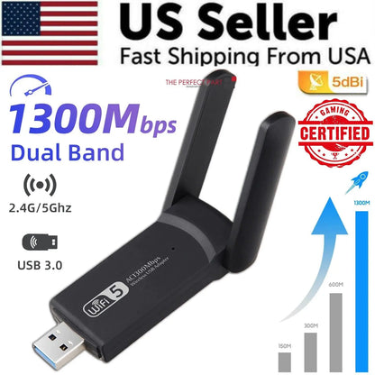 1300Mbps Long Range AC1300 Dual Band 5GHz Wireless USB 3.0 WiFi Adapter Antennas