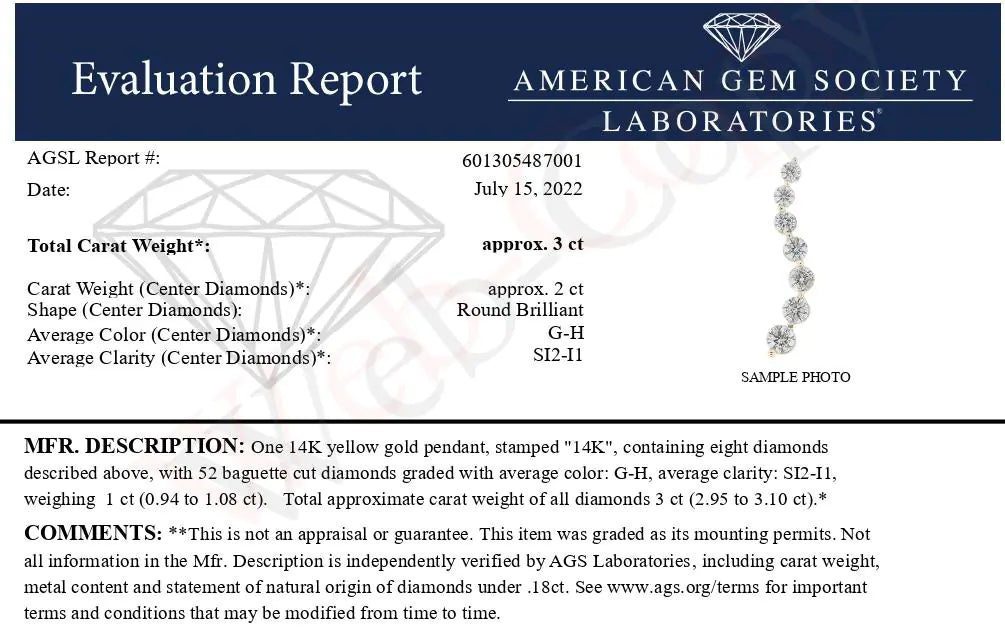 AGS Certified 14K Yellow Gold 3.0 Cttw Baguette and Brilliant Round-Cut Diamond Journey 18" Pendant Necklace (G-H Color, SI2-I1 Clarity) - Anti Spier 