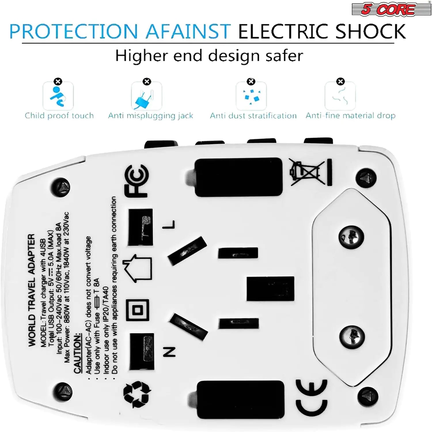 5Core Universal Travel Adapter International Power Adapters 3 Pack Multicharger Plug w 4 USB Ports - Anti Spier 