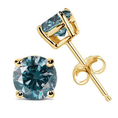 14K Gold Round Brilliant Cut Lab Grown Blue Diamond 4-Prong Classic Solitaire Stud Earrings with Pushbacks - Anti Spier 